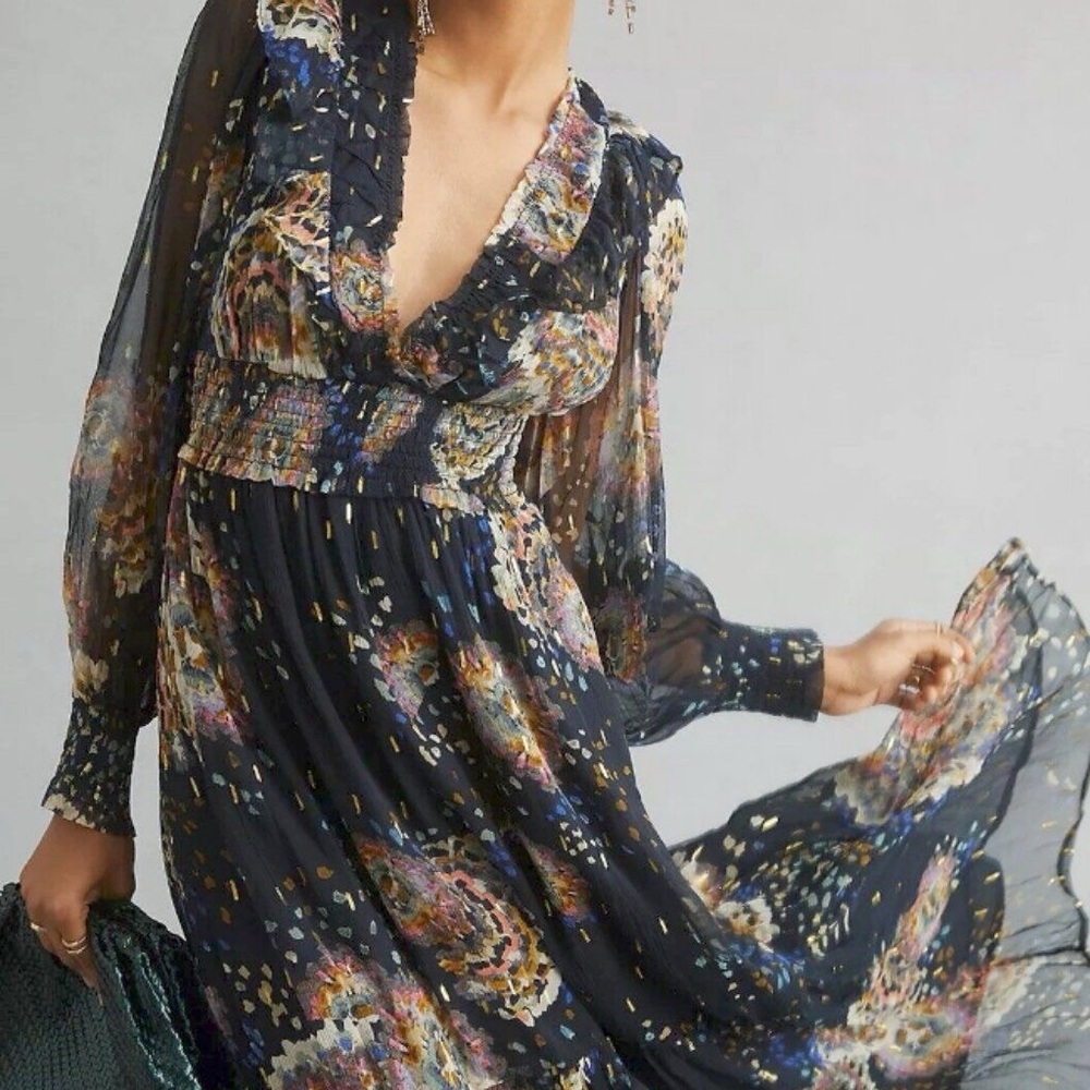 (SOLD) ANTHROPOLOGIE Smocked V-neck Maxi Dress Ruffles Shimmer Print NWT